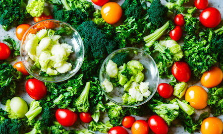 fresh vegetable Salad and fresh fruits in a clear bowl on the table. healthy food background. vegan vegetarian food. copy space creative-photography. Generative AI, illustrationの素材