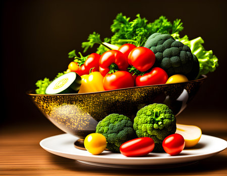 fresh vegetable Salad and fresh fruits in a clear bowl on the table. healthy food background. vegan vegetarian food. copy space creative-photography. Generative AI, illustrationの素材