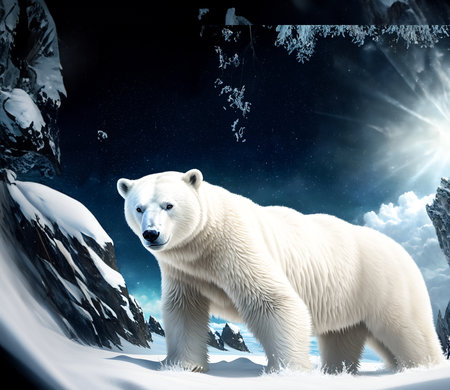 Polar bear on snowdrift melting ice floe in arctic sea. Saving the Earth before ecological catastrophy. climate change concept. AI Generative, illustrationの素材