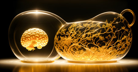 The transparent glass golden brain of super genius. golden brain concept. elegant, copy space, Generative AI, illustrationの素材
