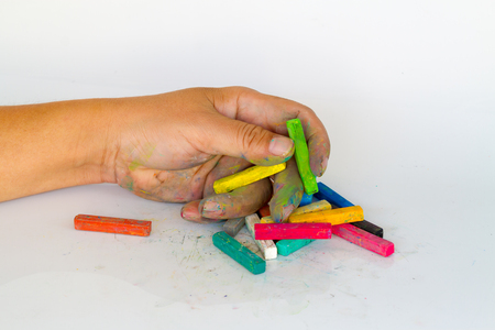 hand dirty with Chalk Pastels Set in hand for Art Drawing Scrapbookingの写真素材