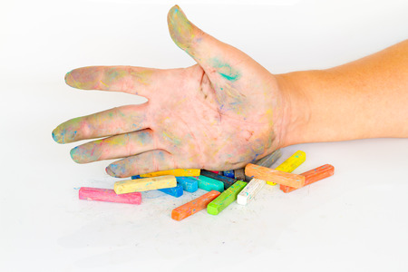 hand dirty with Chalk Pastels Set in hand for Art Drawing Scrapbookingの写真素材