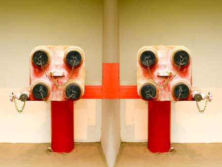 Red fire hydrant  on wallの写真素材