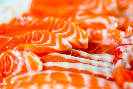 Salmon sashimi , Close Up of pattern on slice Salmon