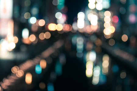 Night city lights bokeh background,Abstract bokeh background,bokeh circles for Christmas card. Defocused.の写真素材