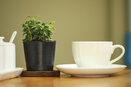 Cup of coffee on the wooden table.の写真素材