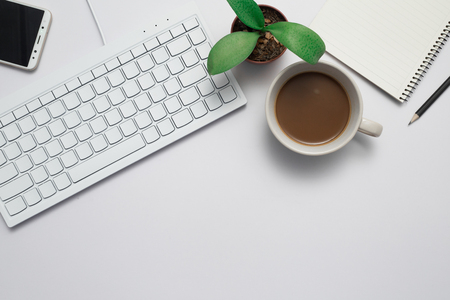 Top view Business desk, marketing and lifestyle white backgroundの写真素材