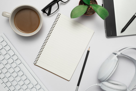 Top view Business desk, marketing and lifestyle white backgroundの写真素材