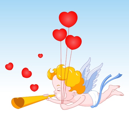 There is an illustration of cupid blowing horn and hearts balloons in his hand  This is a RGB color mode vector Illustration file created in Adobe Illustrator のイラスト素材