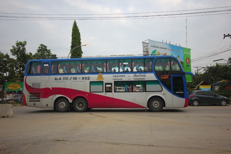 Bus route bangkok and chiangmai, Double deck bus class 1(Pink VIP), Extra large seat , aircondition and restroom. Service include food and drink. Best bus transport in thailand. のeditorial素材