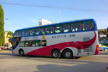 Bus route bangkok and chiangmai, Double deck bus class 1(Pink VIP), Extra large seat , aircondition and restroom. Service include food and drink. Best bus transport in thailand. のeditorial素材