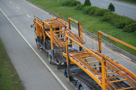 Trailer truck, car container.