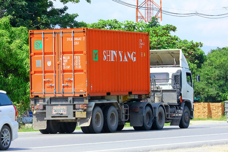 CHIANGMAI, THAILAND-OCTOBER 3 2014: Container truck. Photo at road no 121 about 8 km from downtown Chiangmai, thailand.のeditorial素材