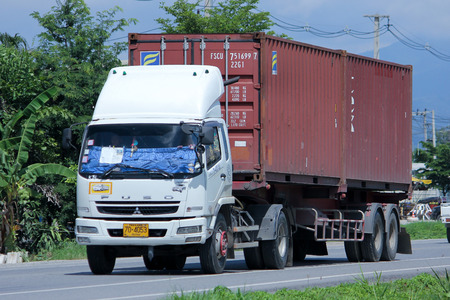CHIANGMAI, THAILAND -AUGUST 10 2015:  Trailer Container Cargo Truck of Pc Transport Company. Photo at road no.1001 about 8 km from city center, thailand.のeditorial素材
