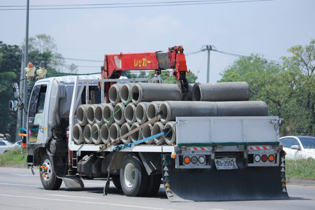 CHIANGMAI, THAILAND -SEPTEMBER  29 2015:   Private Truck for Concrete Pipe. Photo at road no.1001 about 8 km from city center, thailand.のeditorial素材
