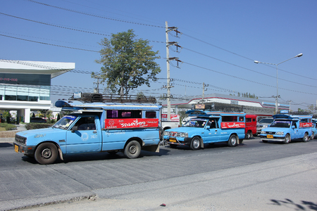 CHIANGMAI, THAILAND -JANUARY 21 2016:   Blue Pickup  truck taxi Lamphun, Service between Lamphun city and Around. Photo at road no.121 about 8 km from downtown Chiangmai, thailand.のeditorial素材
