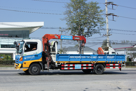 CHIANGMAI, THAILAND -FEBRUARY 4 2016:    Truck with crane of Nopadol Company.  On road no.1001, 8 km from Chiangmai city.のeditorial素材