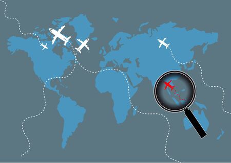 Magnifier Zoom for Airplane on World Map Background with airplanes.のイラスト素材