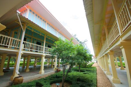 PHETCHABURI, THAILAND -JULY 27 2009:  Building of Mrigadayavan Palace, Summer palace of the king. Made from wood in thai mix Europe style. Location near beach of thai bay.のeditorial素材