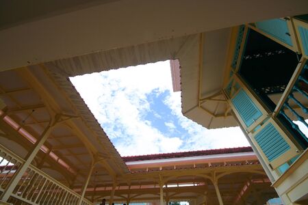 PHETCHABURI, THAILAND -JULY 27 2009:  Building of Mrigadayavan Palace, Summer palace of the king. Made from wood in thai mix Europe style. Location near beach of thai bay.のeditorial素材