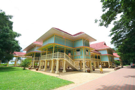 PHETCHABURI, THAILAND -JULY 27 2009:  Building of Mrigadayavan Palace, Summer palace of the king. Made from wood in thai mix Europe style. Location near beach of thai bay.のeditorial素材