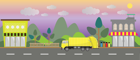 garbage truck on city backgroundのイラスト素材