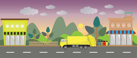 garbage truck on city backgroundのイラスト素材