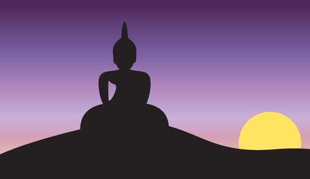 Sunset and Big Buddha on Mountain Vector Illustrationのイラスト素材