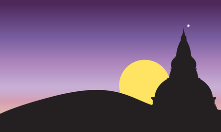Sunset and Big Pagoda on Mountain Vector Illustrationのイラスト素材