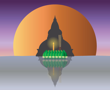 Loy Krathong with The Big Moon backgrond, Thai full moon traditional festival, illustration vectorのイラスト素材