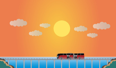 Bus on  Bridge with Nature  Landscape Background  vector Illustrationのイラスト素材
