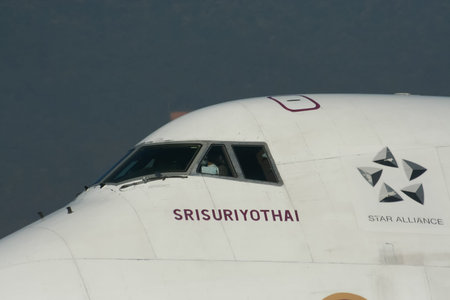 CHIANGMAI , THAILAND- JANUARY 12 2008 : HS-TGA Boeing 747-400 of Thaiairway. Taxi to Terminal of...