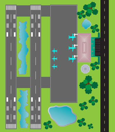 Airport Layout top View, runway parking taxiway and Building Detailのイラスト素材