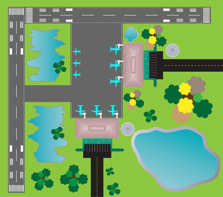 Airport Layout top View, runway parking taxiway and Building Detailのイラスト素材