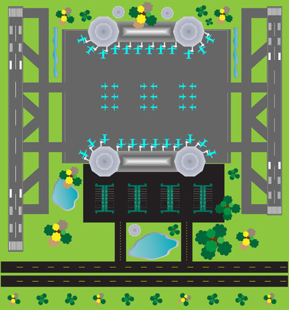 Airport Layout top View, runway parking taxiway and Building Detailのイラスト素材
