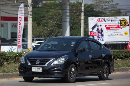 CHIANG MAI, THAILAND -JANUARY 9 2018: Private Eco car, Nissan Almera,N17 or Nissan Latio. Photo at road no 121 about 8 km from downtown Chiangmai, thailand.のeditorial素材