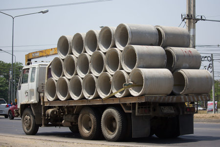 CHIANG MAI, THAILAND -MARCH 27 2018: Truck with crane of STP Company. Photo at road no.121 about 8 km from downtown Chiangmai, thailand.のeditorial素材