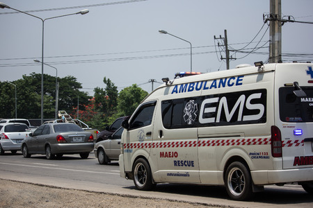 CHIANG MAI, THAILAND - MAY 10 2018: Ambulance van of Maejo Subdistrict Administrative Organization. Photo at road no.121 about 8 km from downtown Chiangmai, thailand.のeditorial素材