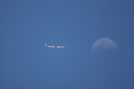 CHIANG MAI, THAILAND - MAY 22 2018: HS-TYV Airbus A340-500 of Royal Thai Airforce (RTAF) with the moon. Take off from Chiangmai Airport.のeditorial素材
