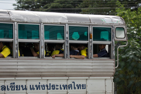 Chiangmai, Thailand - August  23 2018:  Private School bus Truck. On road no.1001 8 km from...