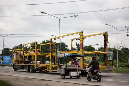 Chiangmai, Thailand - September 6 2018: Wheel on Wheel carrier trailer Truck.   On road no.1001, 8...