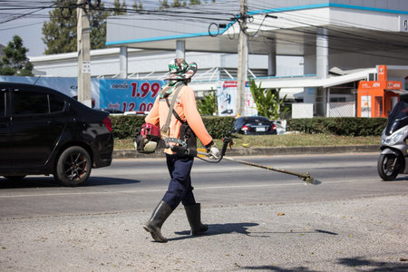 Chiangmai, Thailand - November 26 2018: Mower with trimmer mowing grass along road. Photo at road no...