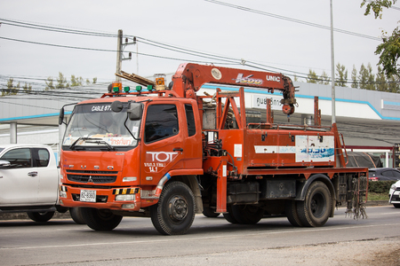 Chiangmai, Thailand - December 18 2018: Unic Crane Truck of TOT Company. Photo at road no 121 about 8 km from downtown Chiangmai, thailand.のeditorial素材