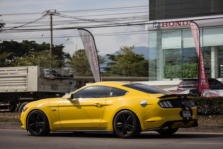 Chiangmai, Thailand - January 3 2019: New Ford Mustang Sport Car. Photo on road in urban fringe of chiangmai city.のeditorial素材