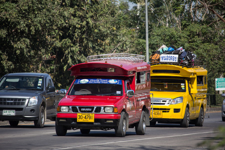 Chiangmai, Thailand - December 27 2018: Red taxi chiang mai. Service in city and around. On road no.1001 8 km from Chiangmai Business Area.のeditorial素材
