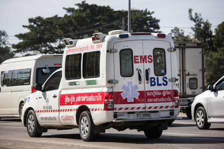 Chiangmai, Thailand - January 4 2019: Ambulance van of San Na Meng Subdistrict Administrative Organization. Photo at road no.121 about 8 km from downtown Chiangmai, thailand.のeditorial素材
