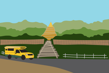 Yellow mix green  Pick up Truck Taxi Lampang with pagoda background Vectorのイラスト素材