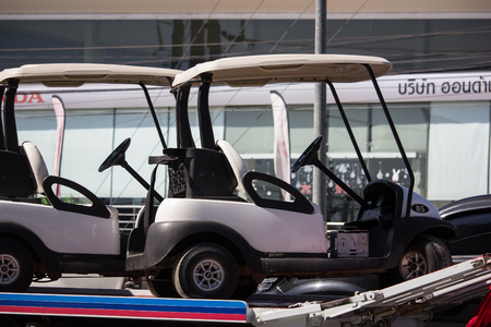 Chiangmai, Thailand - February 4 2019: Tow truck  for Golf car Transportation. Photo at road no 121 about 8 km from downtown Chiangmai, thailand.のeditorial素材
