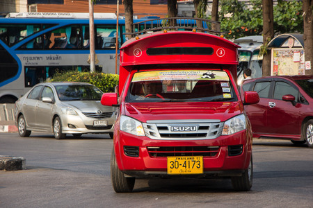 Chiangmai, Thailand - February 16 2019:  Red Mini Truck Taxi Chiangmai. Service inside Chiangmai City. Photo at Main Bus Station of Chiangmai.のeditorial素材