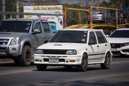 Chiangmai, Thailand - February 25 2019:  Old Private car, Toyota Starlet. On road no.1001, 8 km from Chiangmai city.のeditorial素材